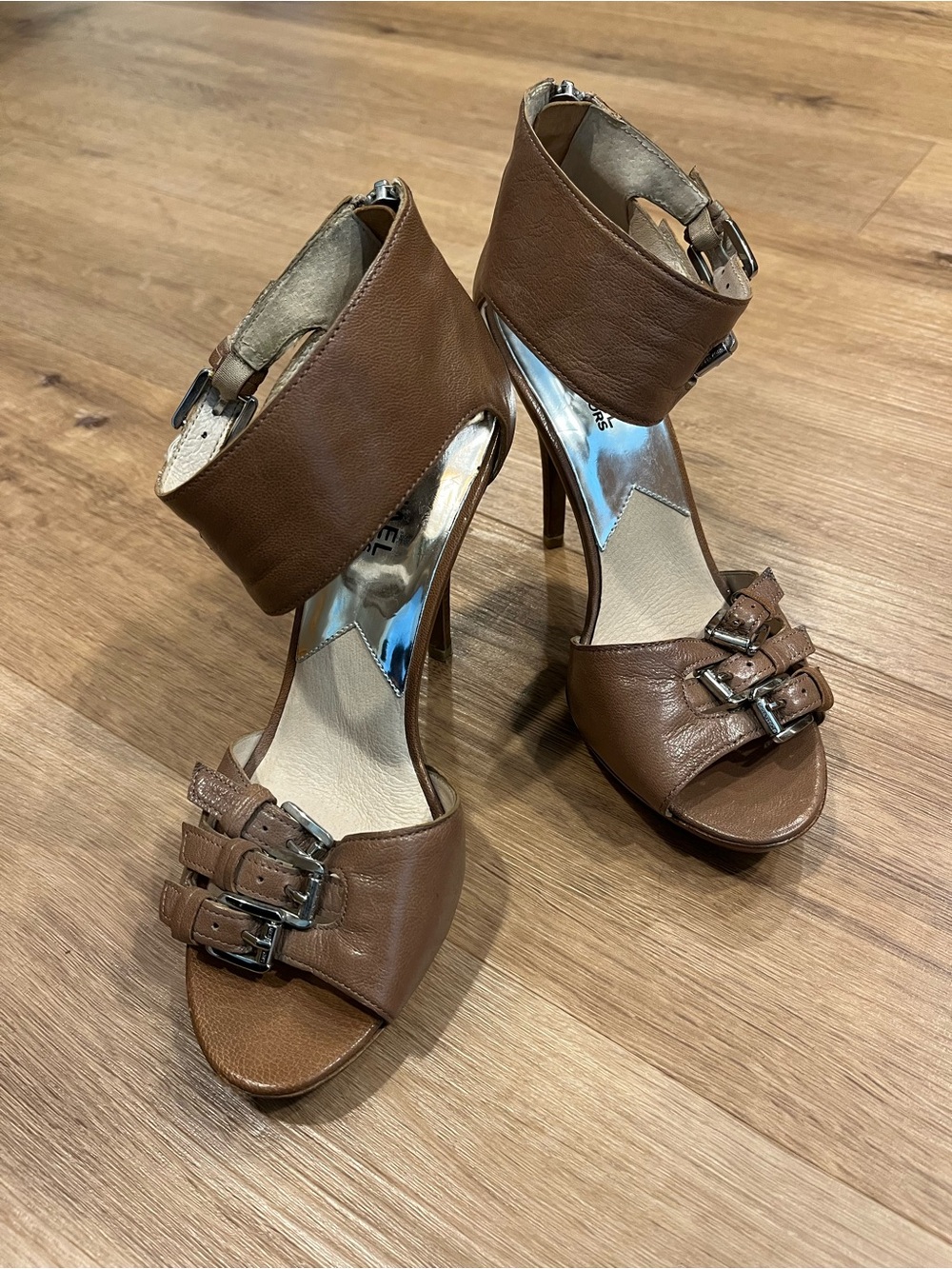MICHAEL Michael Kors Brown Leather Buckle High-Heel Sandals
